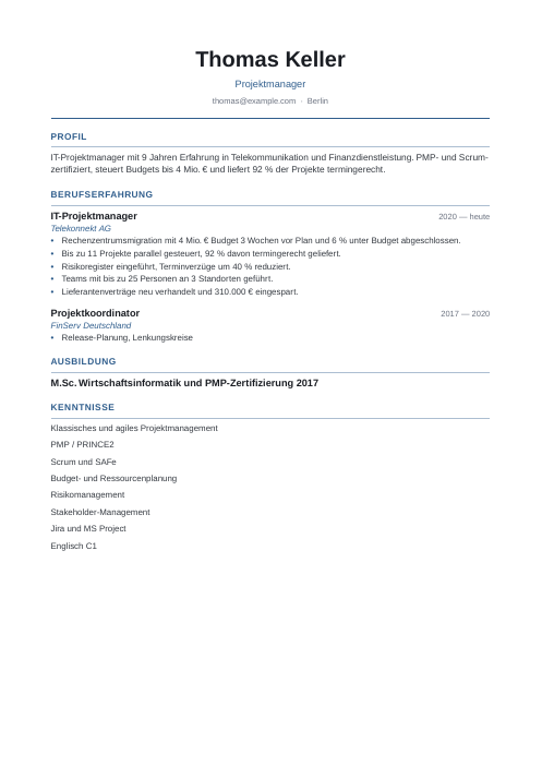 Lebenslauf für Führungskräfte: Vorlage: Beispiel-Lebenslauf für Projektmanager