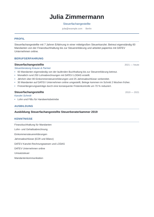 Minimal: Beispiel-Lebenslauf für Steuerfachangestellte