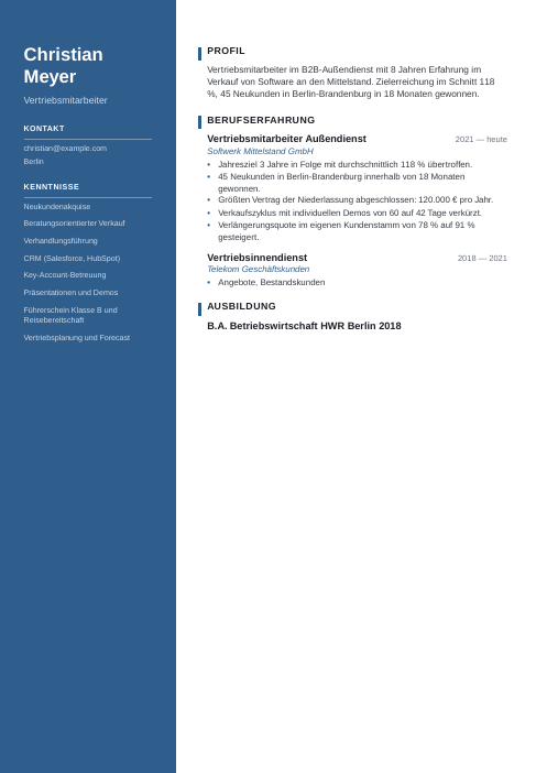 Modern: Beispiel-Lebenslauf für Vertriebsmitarbeiter