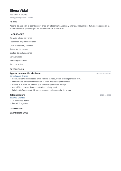 Plantilla de currículum ATS: currículum de ejemplo de atención al cliente