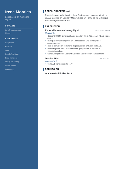 Currículum para cambiar de sector: plantilla: currículum de ejemplo de especialista en marketing digital