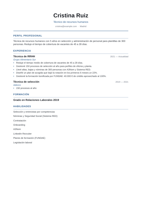Plantilla de currículum para directivos: currículum de ejemplo de técnico de recursos humanos