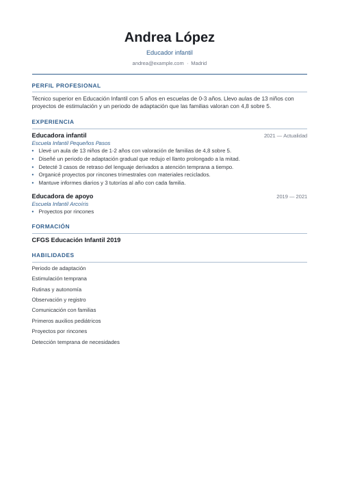 Plantilla de currículum para estudiantes: currículum de ejemplo de educador infantil