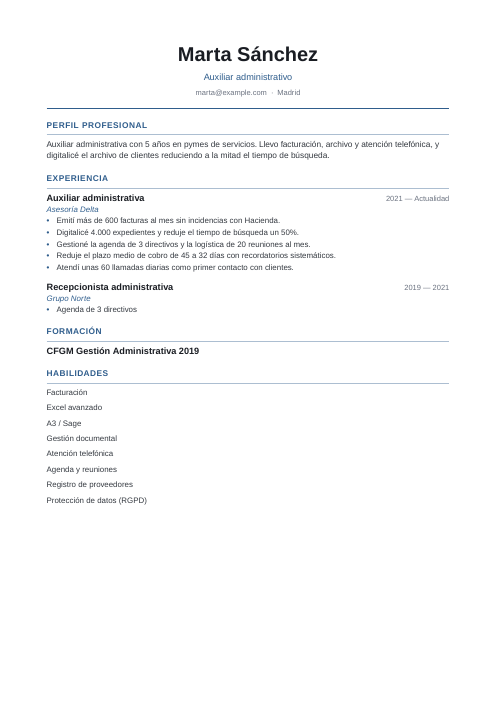Plantilla de currículum sencillo: currículum de ejemplo de auxiliar administrativo