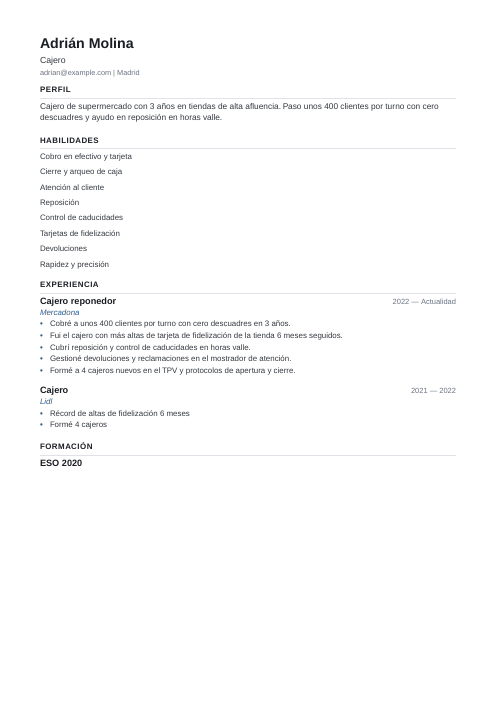 Currículum sin experiencia: plantilla: currículum de ejemplo de cajero