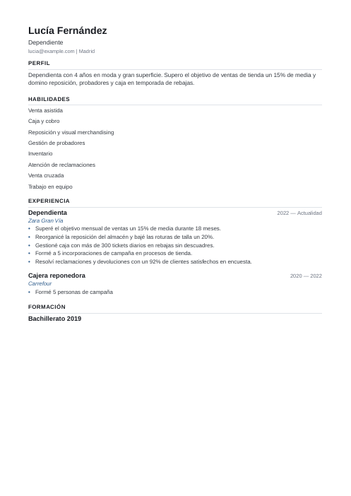 Plantilla de currículum de una página: currículum de ejemplo de dependiente
