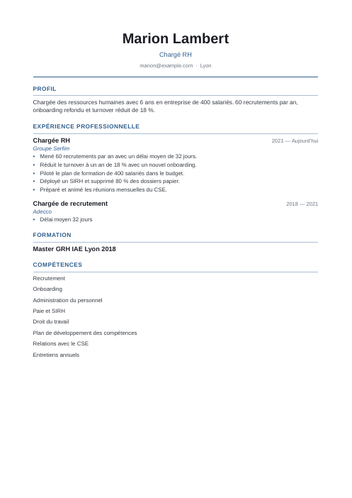 Modèle de CV cadre : exemple de CV chargé rh