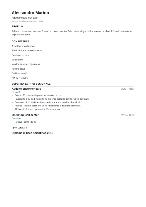 Modello di curriculum compatibile ATS: esempio di curriculum da addetto customer care