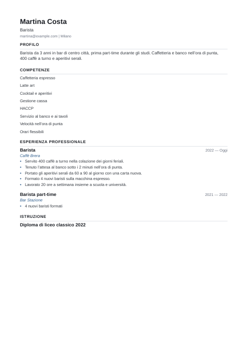 Curriculum per il primo lavoro: modello: esempio di curriculum da barista