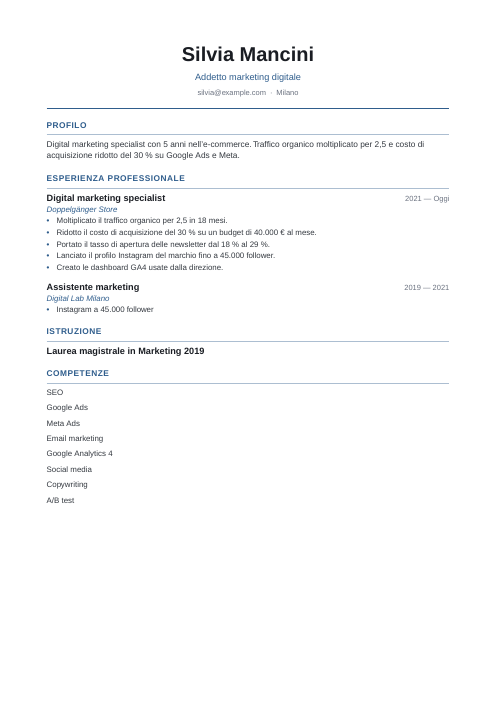 Curriculum per stage e tirocinio: modello: esempio di curriculum da addetto marketing digitale