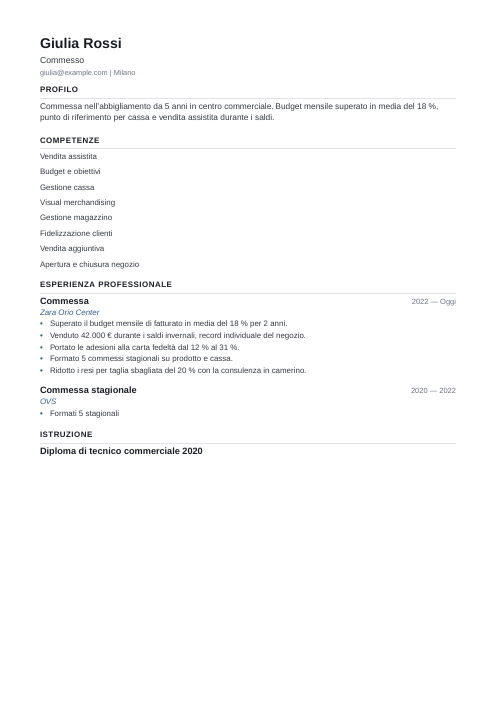 Modello di curriculum su una pagina: esempio di curriculum da commesso