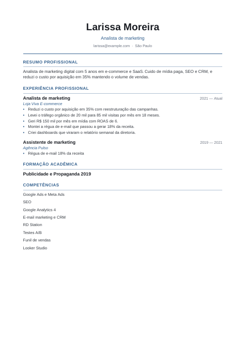 Currículo para estágio: modelo: currículo de exemplo de analista de marketing