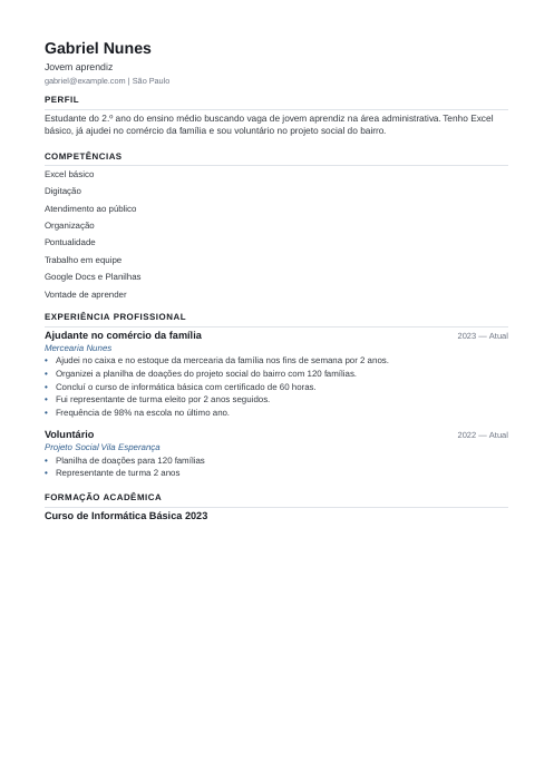 Currículo para primeiro emprego: modelo: currículo de exemplo de jovem aprendiz