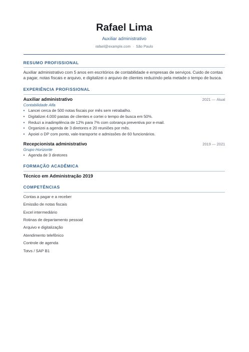 Modelo de currículo simples: currículo de exemplo de auxiliar administrativo