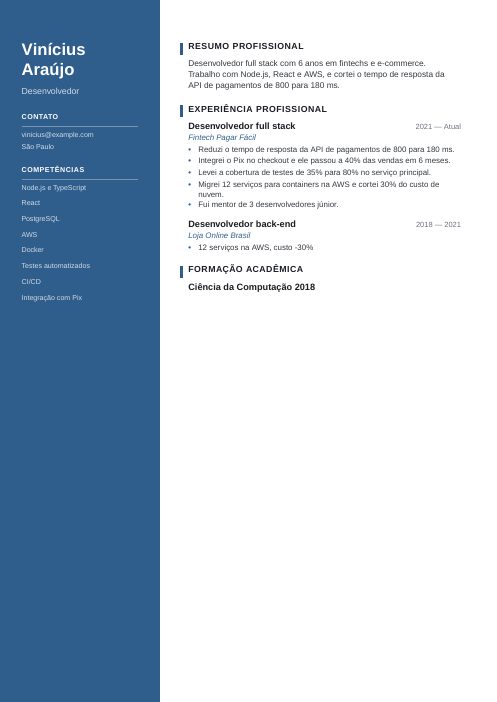 Currículo para transição de carreira: modelo: currículo de exemplo de desenvolvedor