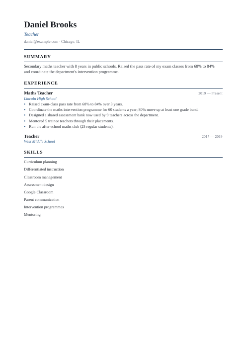 Academic resume template sample: Teacher