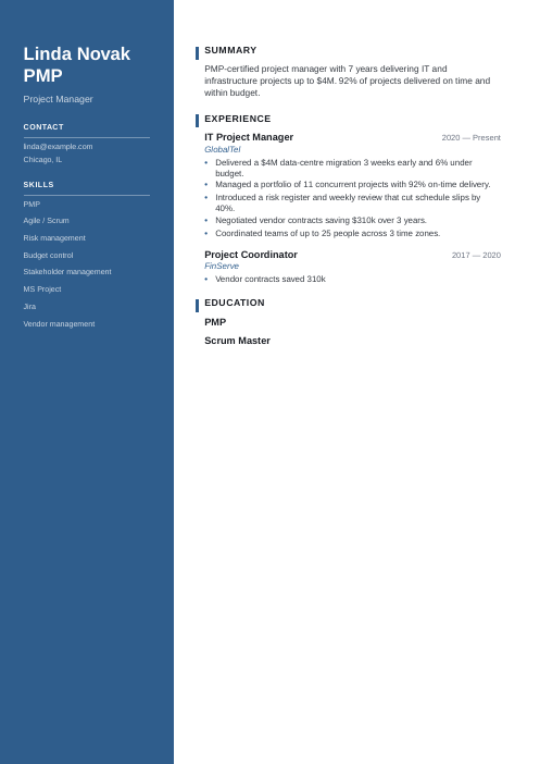 Career Change Resume Template sample: Project Manager