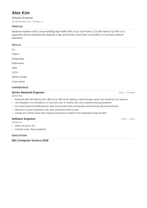 Compact resume template sample: Software Engineer