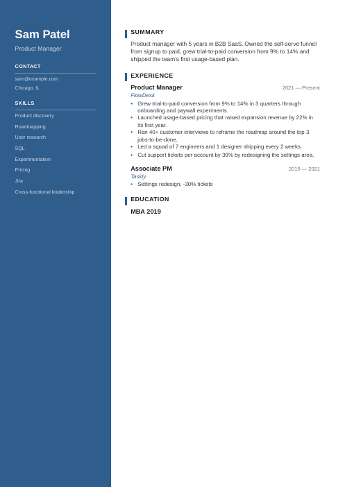 Modern resume template sample: Product Manager