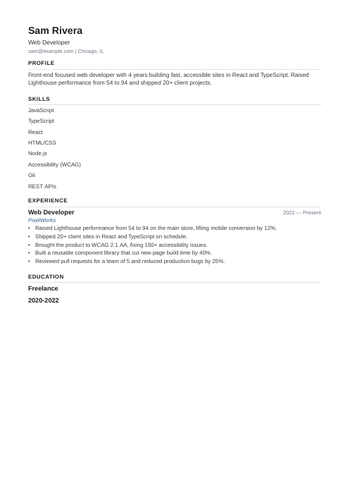One-Page Resume Template sample: Web Developer