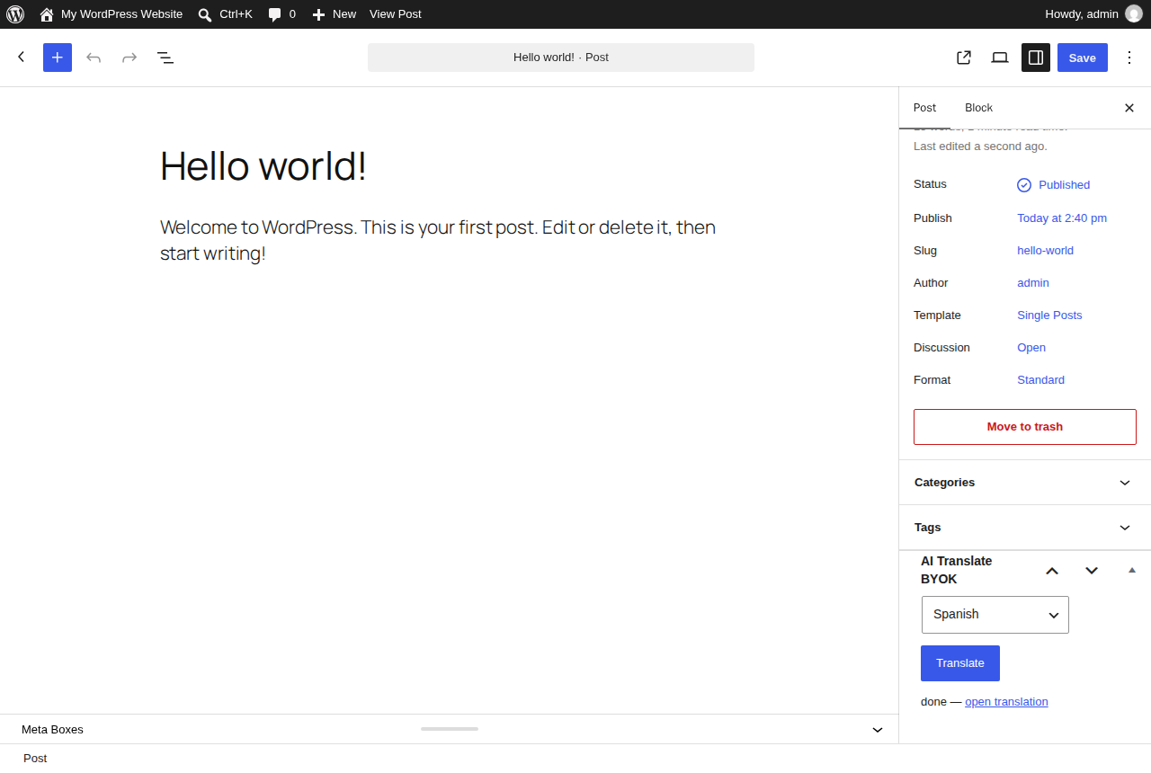 AI Translate BYOK box in the WordPress post editor sidebar: pick a language, click Translate, open the translation