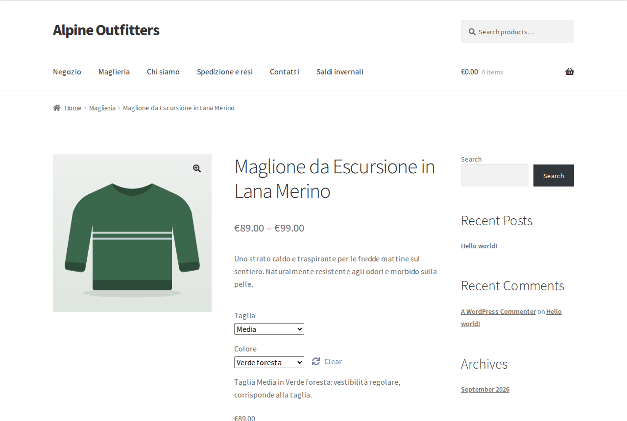 A WooCommerce variable product translated into Italian on the storefront: title, short description, Size and Color attributes, variation description and the header menu all in Italian