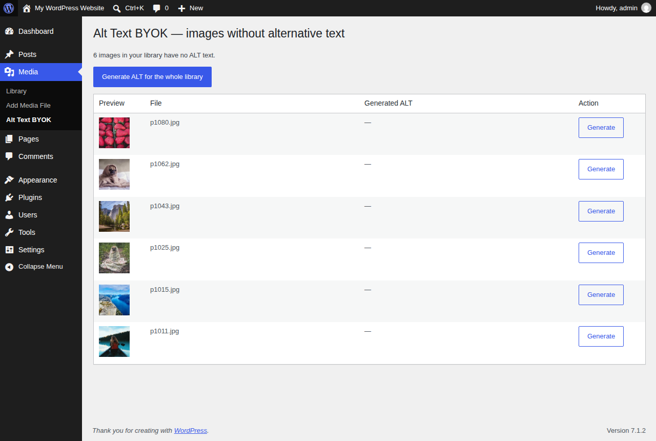 Media > Alt Text BYOK page in wp-admin listing every Media Library image that has no ALT text