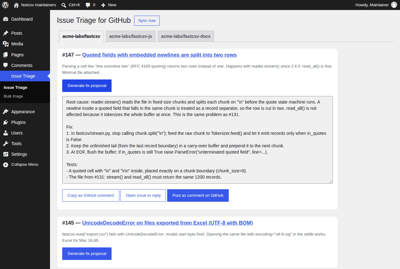 AI-drafted fix proposal for issue #147: root cause, step-by-step fix and tests to add, with Copy as GitHub comment and Post as comment on GitHub buttons