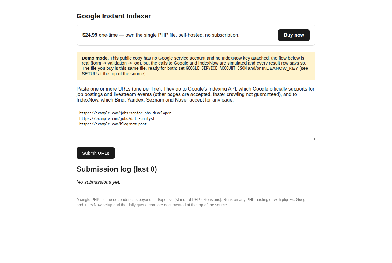Google Instant Indexer page: paste URLs one per line, submit them to Google and IndexNow in one pass