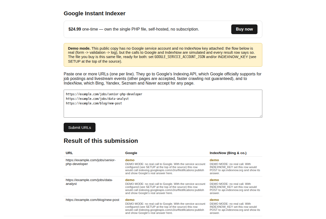 Per-URL result with one column per engine, Google and IndexNow, showing each engine's own answer